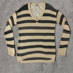 Olivia Sky Sweater Womens XL Beige Gray Striped Lace Back V Neck Knit Pullover